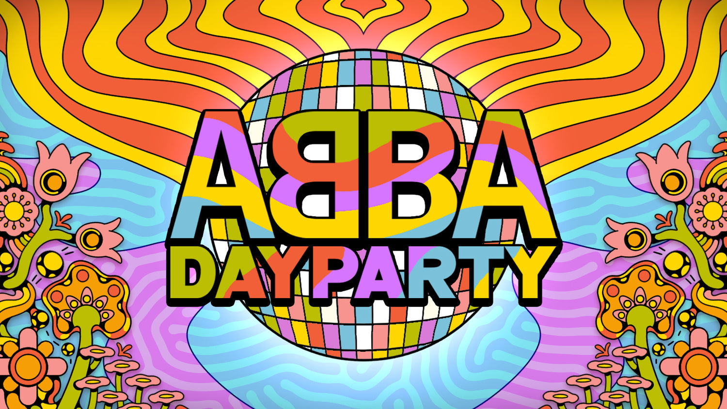 Colorful graphic with 'ABBA Dayparty' text and abstract patterns
