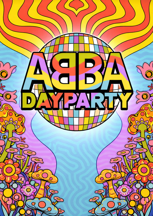 Colorful poster design with 'ABBA Dayparty' text and abstract patterns.