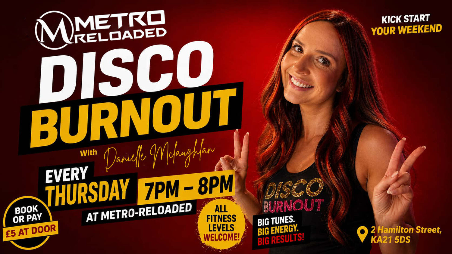Promotional poster for 'Disco Burnout' event at Metro Reloaded with a woman in a black tank top.