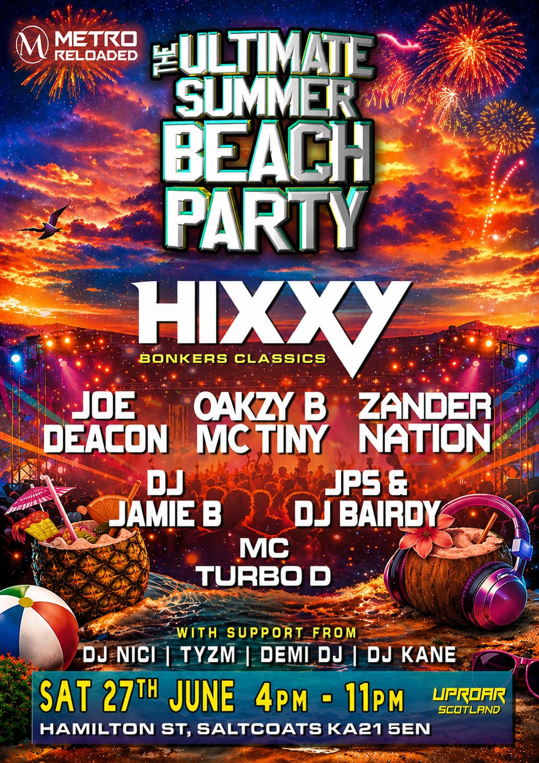 Promotional poster for the Ultimate Summer Beach Party featuring performers and event details.