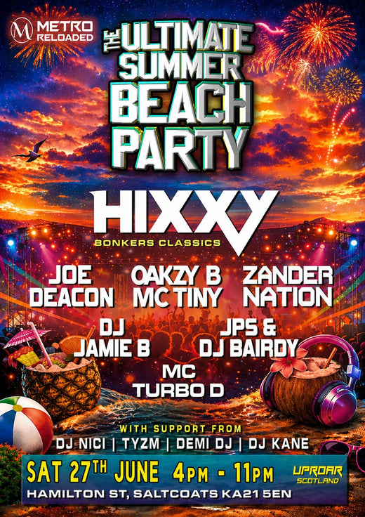 Promotional poster for the Ultimate Summer Beach Party featuring performers and event details.
