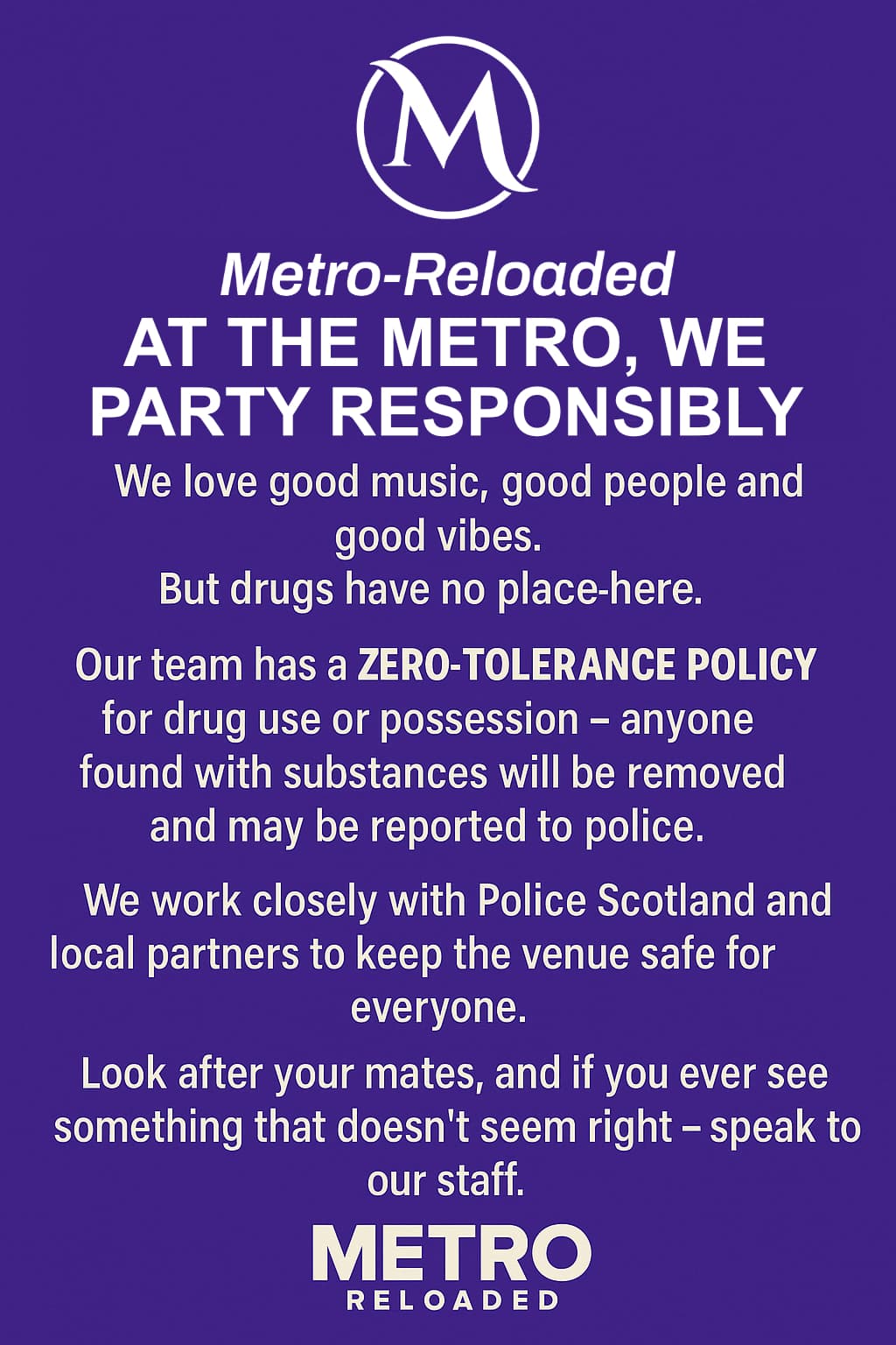 No drugs and Challenge 25 signage