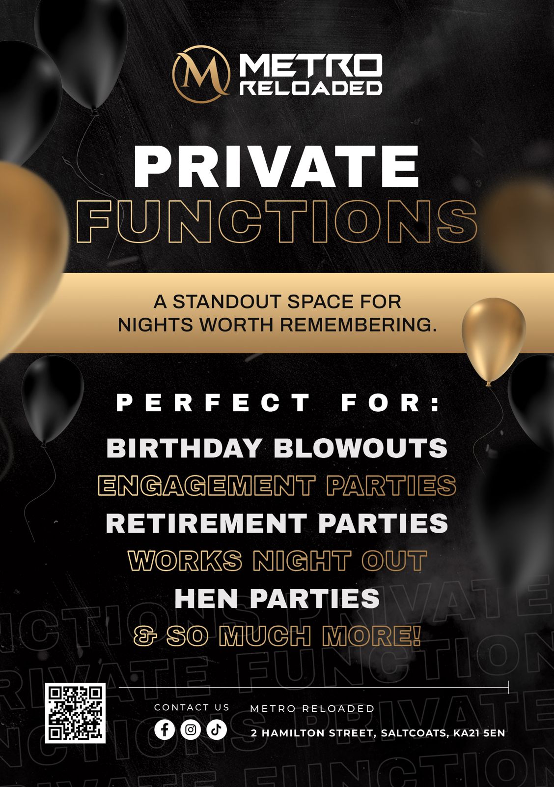 Metro Reloaded private venue hire flyer